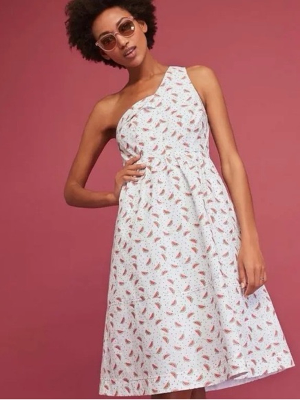 Anthropologie HD in Paris "Parkbound" watermelon print one-shoulder dress 6